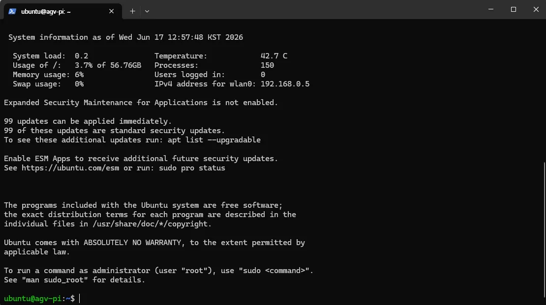 Terminal screen showing successful SSH connection to the Pi 5