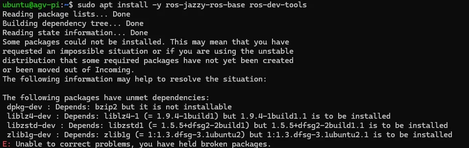 Error output showing ROS2 installation halted because apt couldn't resolve dependencies