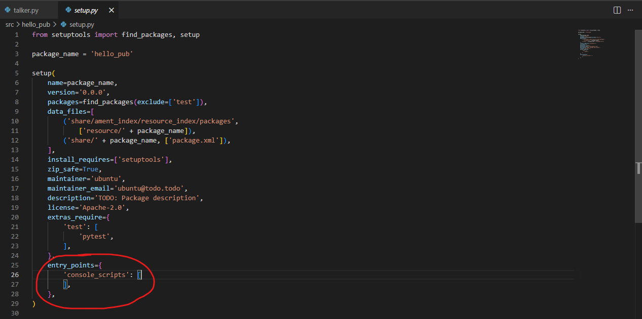 setup.py 에 entry_points 로 talker 등록한 부분