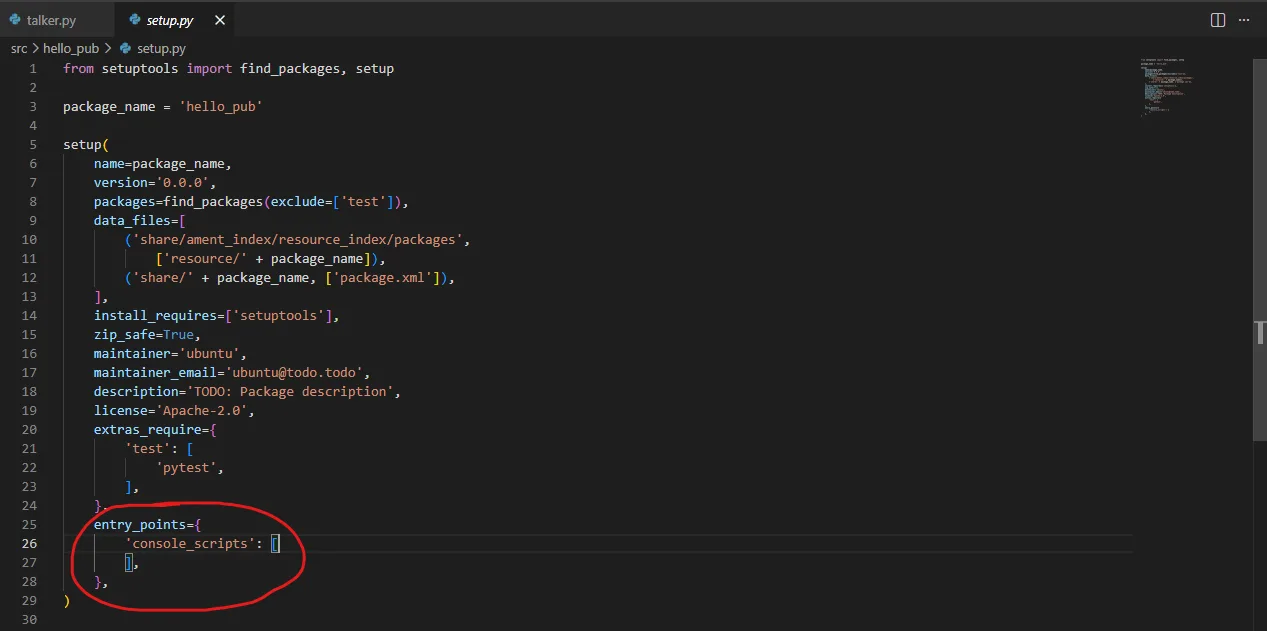 The part of setup.py registering talker via entry_points