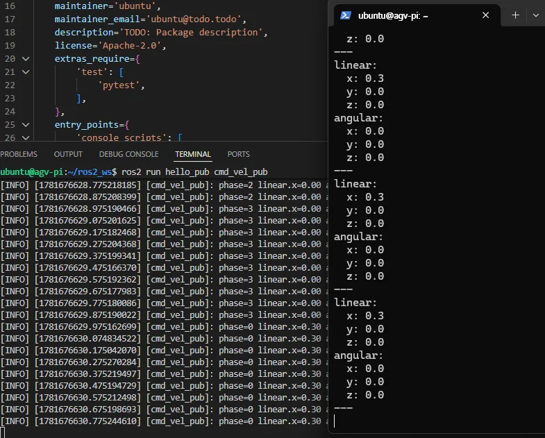 Output of echoing the /cmd_vel topic with ros2 topic echo