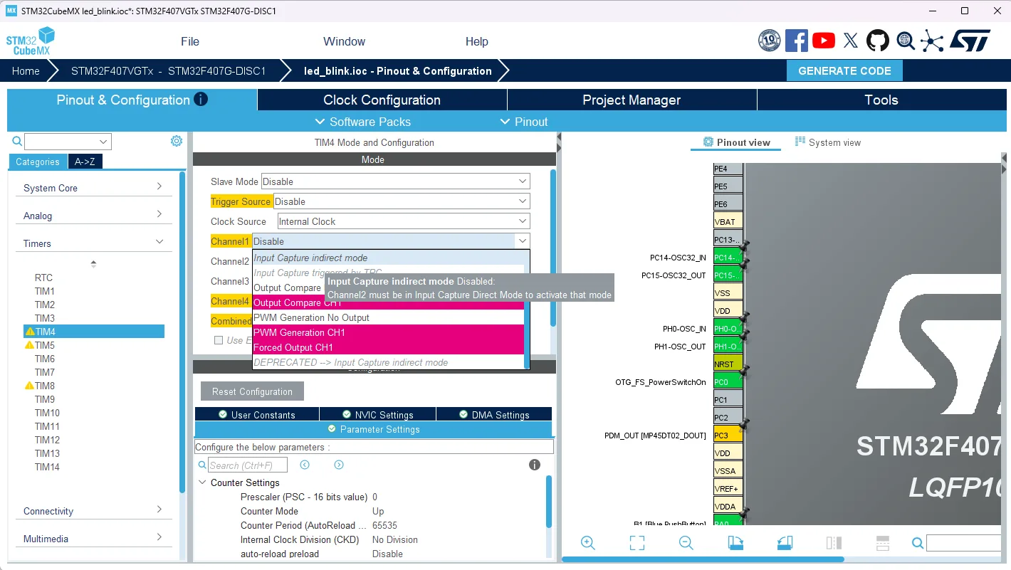 TIM4 PWM configuration and parameter screen in STM32CubeMX
