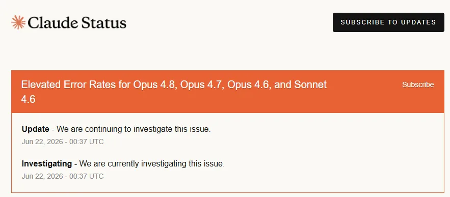 status.claude.com — showing an ongoing incident in Investigating status