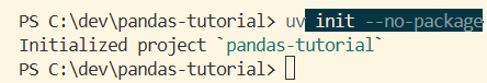 uv init --no-package 실행 결과 — pandas-tutorial 프로젝트가 초기화된다