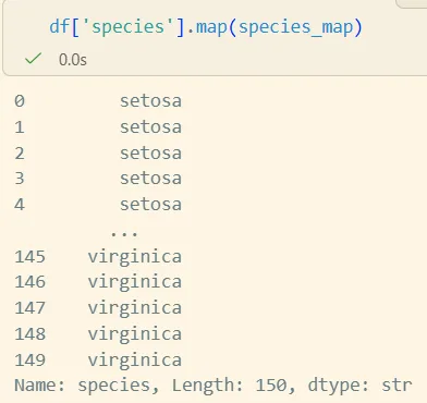 map 결과. species 열의 0 · 1 · 2 가 setosa · virginica 같은 이름으로 바뀌어 나온다