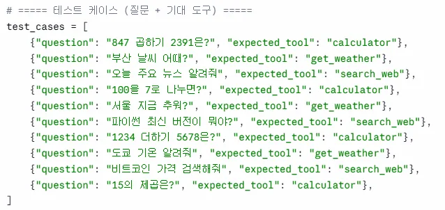 test_cases 리스트 — 10개 질문 각각에 expected_tool (calculator / get_weather / search_web) 매핑