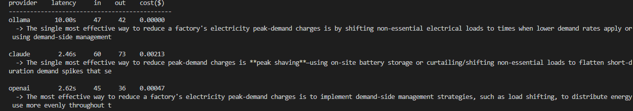 Smoke test 두 번째 실행 — ollama 가 10초로 단축, claude 2.46초, openai 2.62초