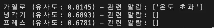 벡터 + 그래프 검색 결과. 가열로 유사도 0.8145 관련 알람 온도 초과, 냉각기 0.6893 관련 알람 빈 리스트, 프레스 0.6781 관련 알람 빈 리스트