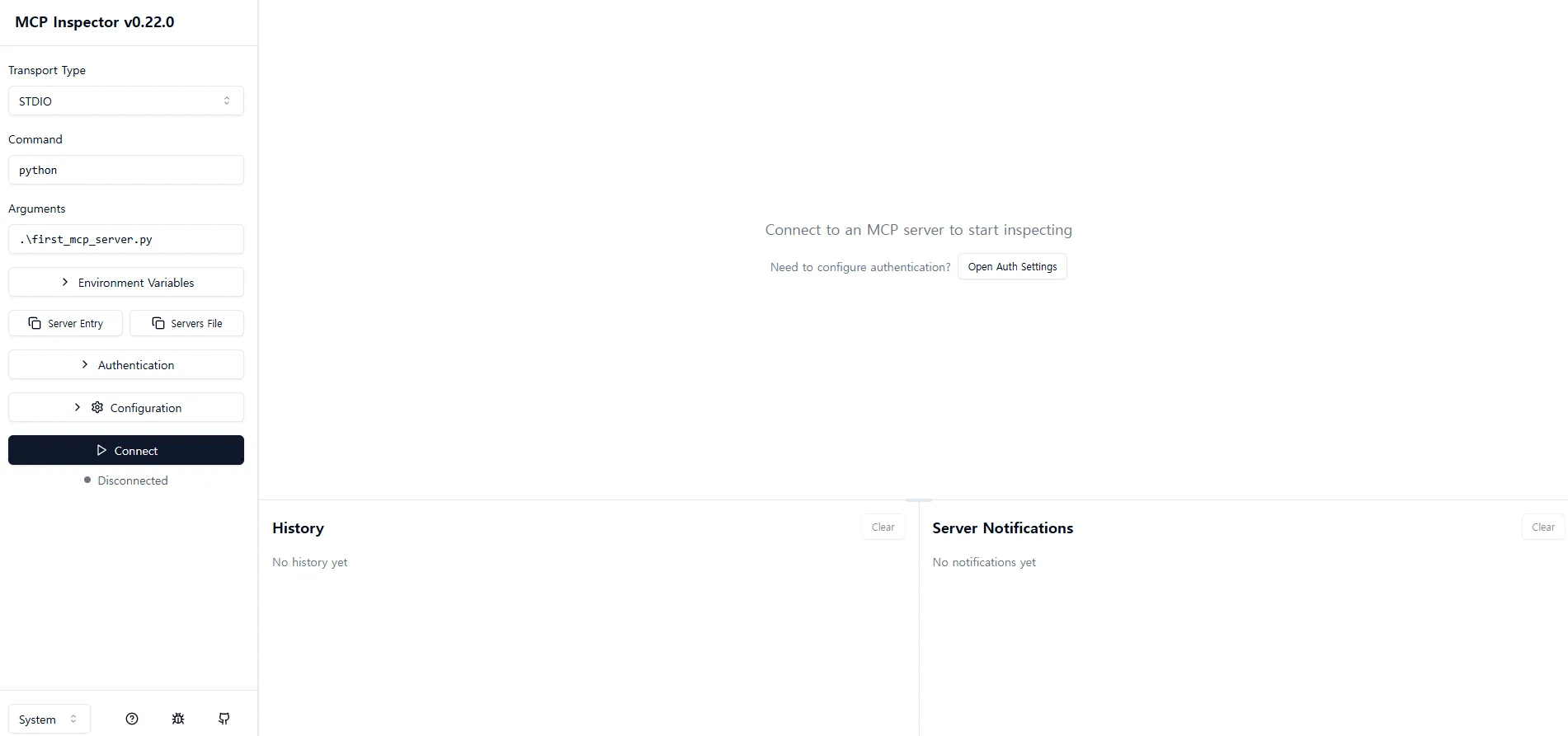 MCP Inspector initial screen — Transport Type STDIO, Command python, Arguments .\first_mcp_server.py, still Disconnected