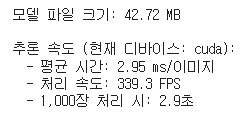 파일 크기 42.72MB, GPU에서 평균 추론 시간 2.95ms, 339.3 FPS